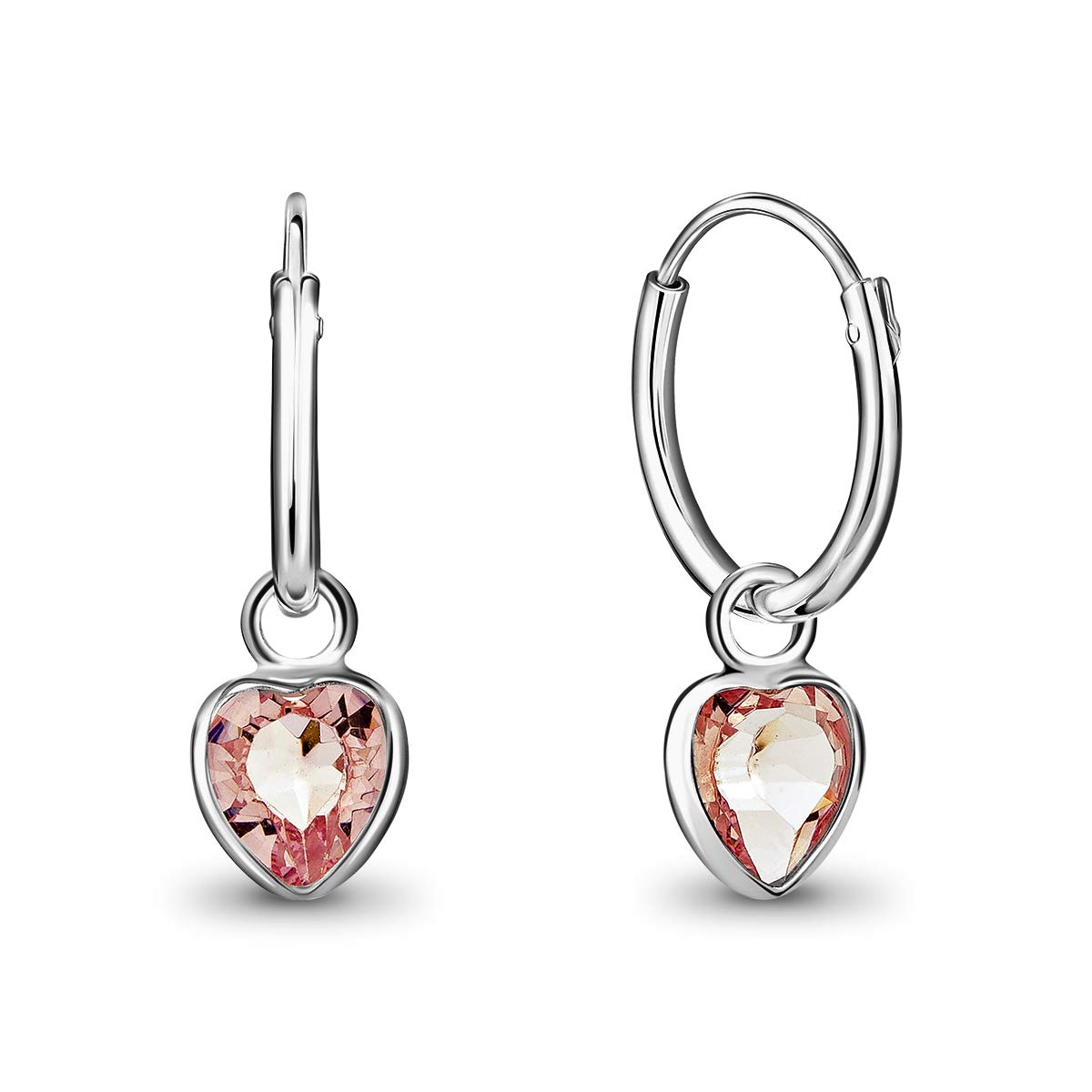 925 Sterling Silver Small Hoops Earrings with Dangling Heart Crystals 5 mm - Heart Earrings Light Rose Colour - Thickness 1.2 mm - Diameter: 12 mm
