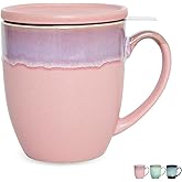 Bosmarlin Ceramic Tea Cup with Infuser and Lid, 16 Oz, Loose Leaf Tea Steeper Mug with Strainer, Microwave and Dishwasher Safe, Reactive Glaze (16 Oz, Pink)