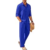 COOFANDY Mens Linen Sets 2 Piece Long Sleeve Button Down Cuban Shirt and Pants Set Summer Beach Set Outfits