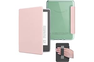 HOICHOE Case for 6" Kindle 2024/2022 Release (11 Generation), Light PU Leather Cover and Transparent Hard Back Shell with Hand Strap, Auto Sleep/Wake, Sakura Pink