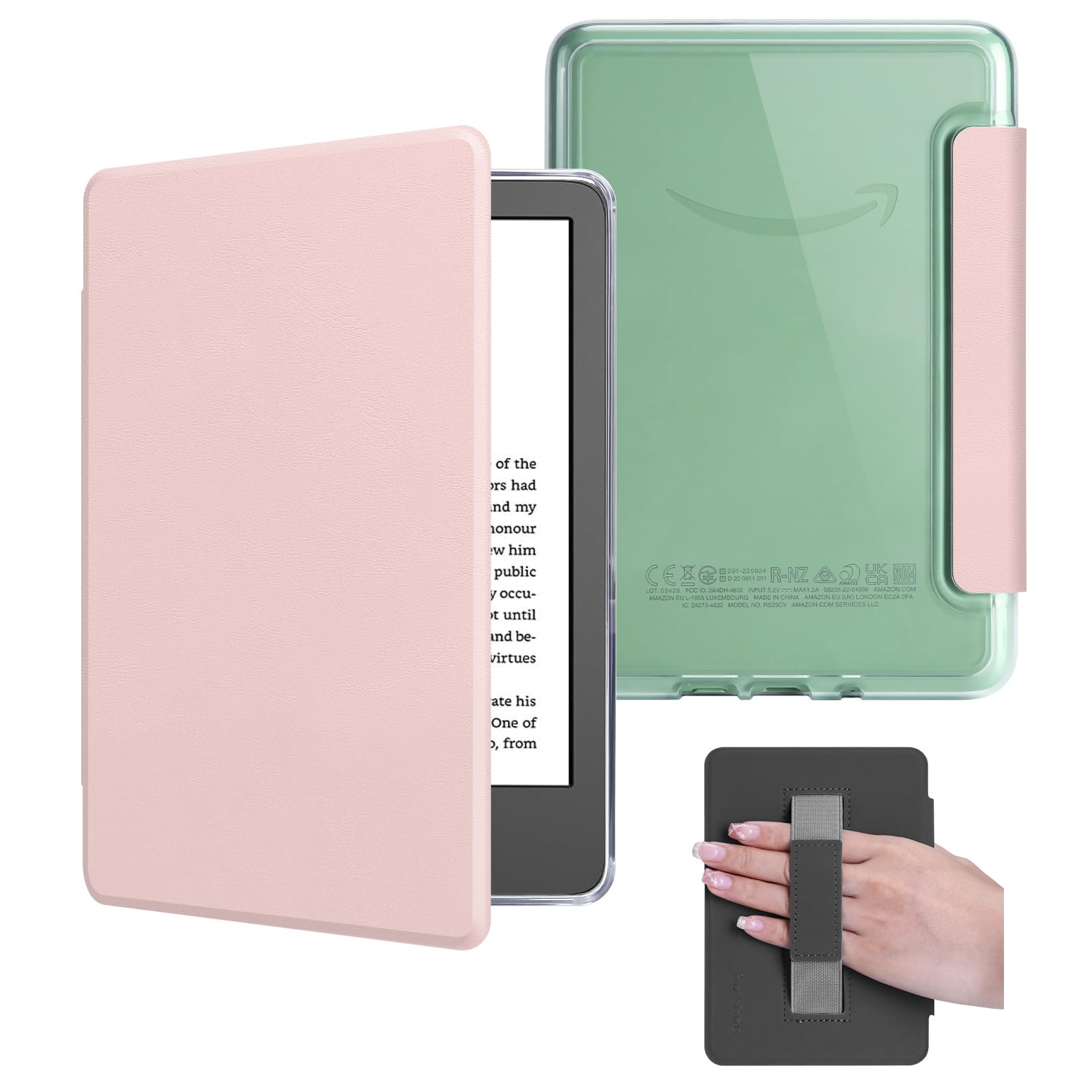 Photo 1 of HOICHOE Case for 6" Kindle 2024/2022 Release (11 Generation), Light PU Leather Cover and Transparent Hard Back Shell with Hand Strap, Auto Sleep/Wake, Sakura Pink