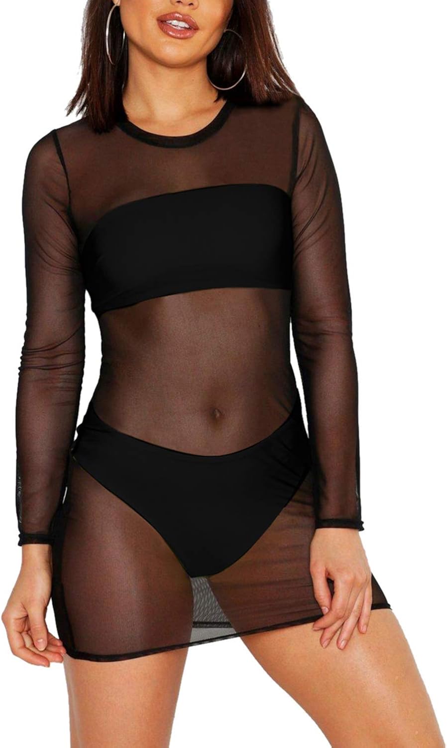 COCOLEGGINGS Women's Sheer Mesh Long Sleeve Beach Cover Up Dress at  Women’s Clothing store