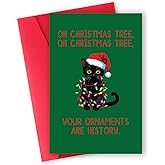 gerdiny Humorous Black Cat Christmas Card with Envelope, Ideal Christmas Card Gift for Cat Lovers Pet Owners Friends and Family, Cute Funny Xmas Card with Santa Hat and Ornament Theme