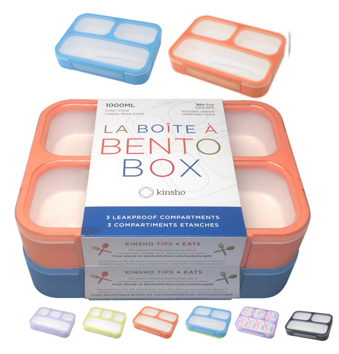 kinsho Bento Lunch Boxes for Adults or Kids | Large 3 Compartment Containers with Dividers for Meals and Snacks for School or Work Lunches, Women Men Includes Utensils | Coral Blue 2 pack