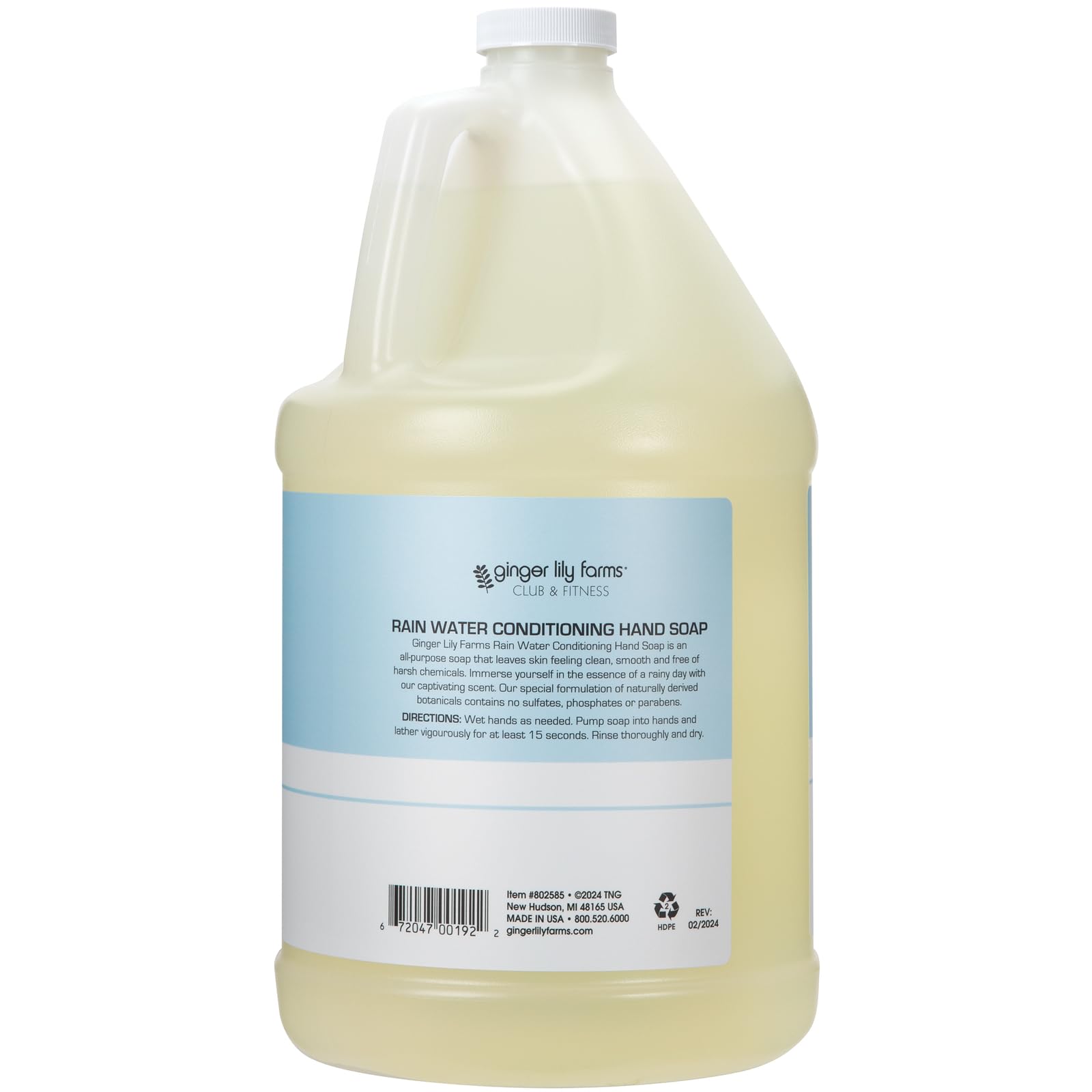 Ginger Lily Farms Club & Fitness Conditioning Liquid Hand Soap Refill, 100% Vegan & Cruelty-Free, Rain Water Scent, 1 Gallon (128 fl oz)