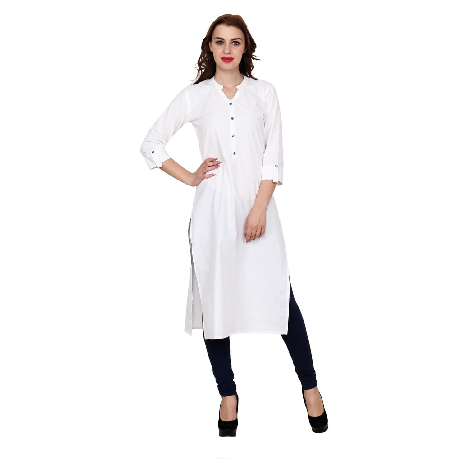 psk women's regular fit straight cut long white cotton kurti tunic top, v neck