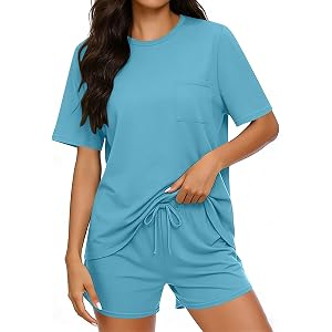 Pbawab Women's Pajamas Set Soft 2 piece Loungewear Short Sleeve Shorts Pjs Set with Pockets for Women Loose Fit Outfits