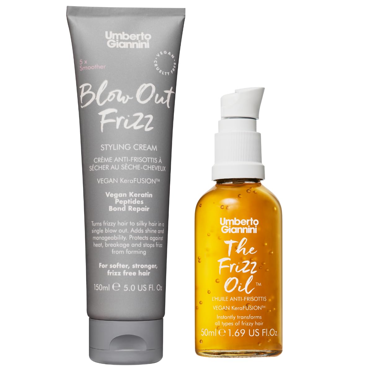 Umberto Giannini Blow Out Frizz Hair Styling Cream 150ml with Heat Protection 230Β°C & The Frizz Oil 50ml - Shine Enhancing Vegan Keratin Bond Repair Hair Oil With Metal Detox Technology