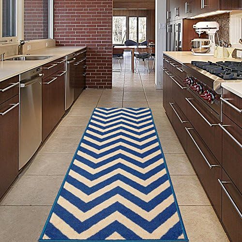 Diagona Designs Contemporary Chevron Design Non-Slip Kitchen / Bathroom / Hallway Area Rug Runner, 31" W x 118 L, Beige / Navy