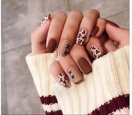 VIKSON INTERNATIONAL 24 Pcs/Set of Brown Nude Tiger Print Designer French Bridal Wedding Flowers False Nails Nail Art Design Acrylic Full Fake self adhesive Nail Tips (BROWN TIGER PRINT)