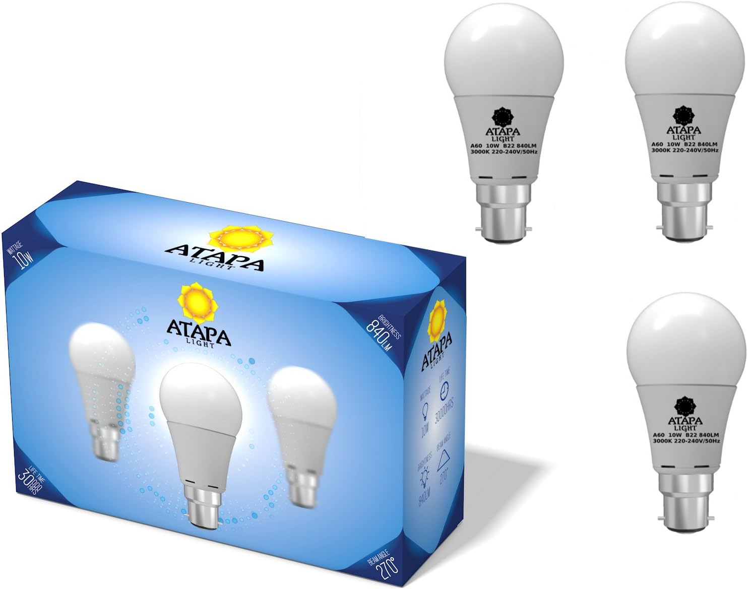 BEST ENERGY SAVING 3 x LED BULBS FOR your home, perfect for kitchen, living room and porch giving you wide 270° beam angle, very bright 10W 840 Lumens (70W) output, warm white colour, B22 base A60 bulb