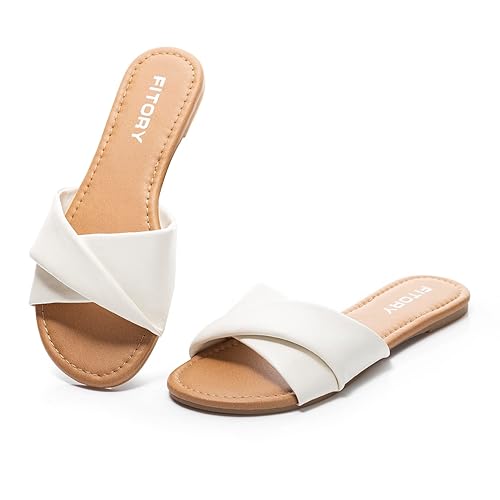 FITORY Women's Flat Sandals Fashion Slides With Soft Leather Slippers for  Summer White Size in Bahrain Whizz Slides