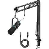 PUPGSIS XLR/USB Dynamic Podcast Microphone for Streaming/Recording/Gaming | Mute Button, Reverb Effects, Noise Cancellation, RGB Light Boom Arm Stand, Headphones Jack,SNR>85dB