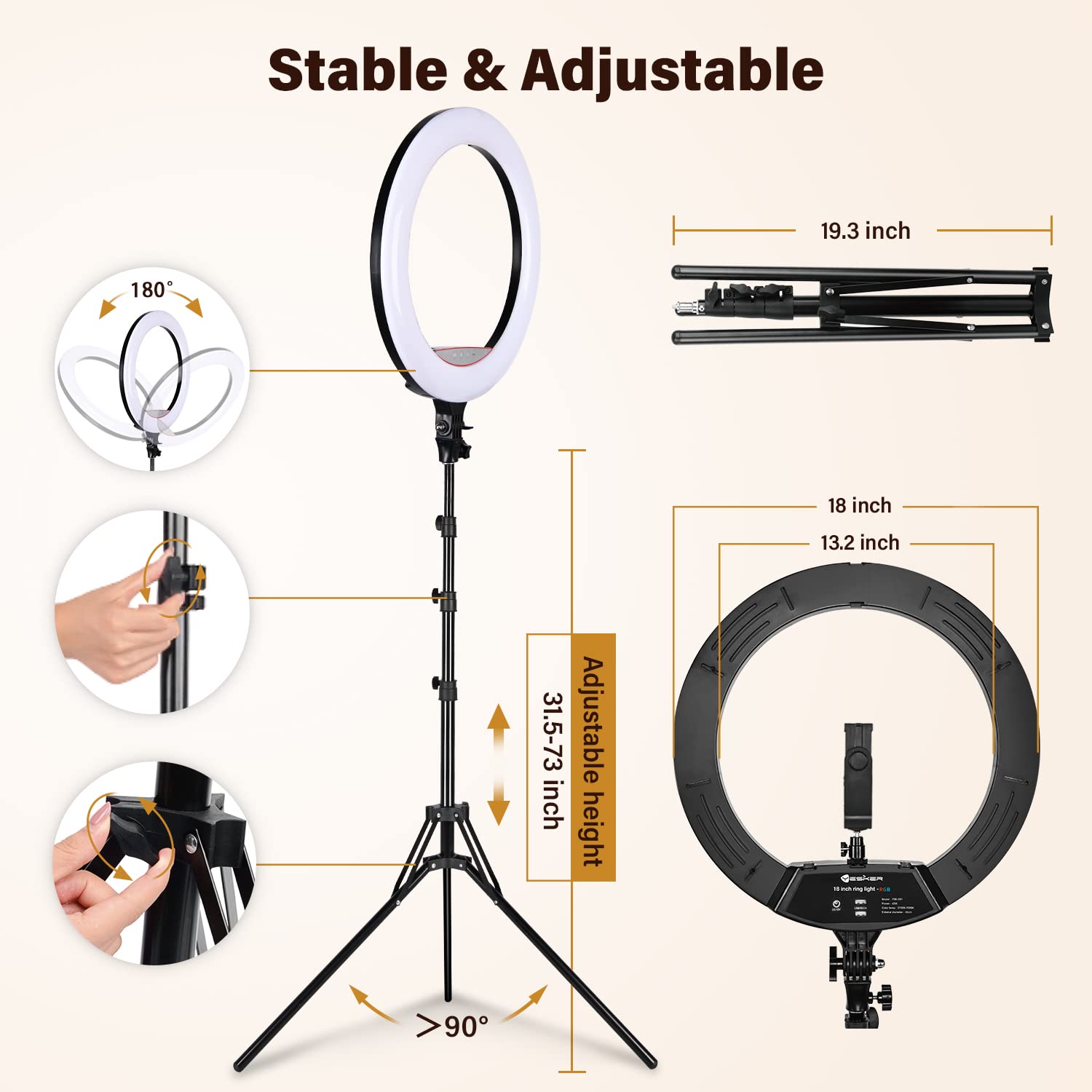 Yesker Ring Light with Tripod Stand and Phone Holder 18 Inch RGB Ringlight 25 RGB Modes Bi-Color Adjustable 2700–7000K LED Selfie Halo Light Kit for Live Stream Photography Zoom Makeup Youtobe Tiktok