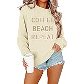Sulayesh Coffee Beach Repeat Graphic Sweatshirt for Women Letter Print Crewneck Long Sleeve Shirts Casual Loose Pullover Tops