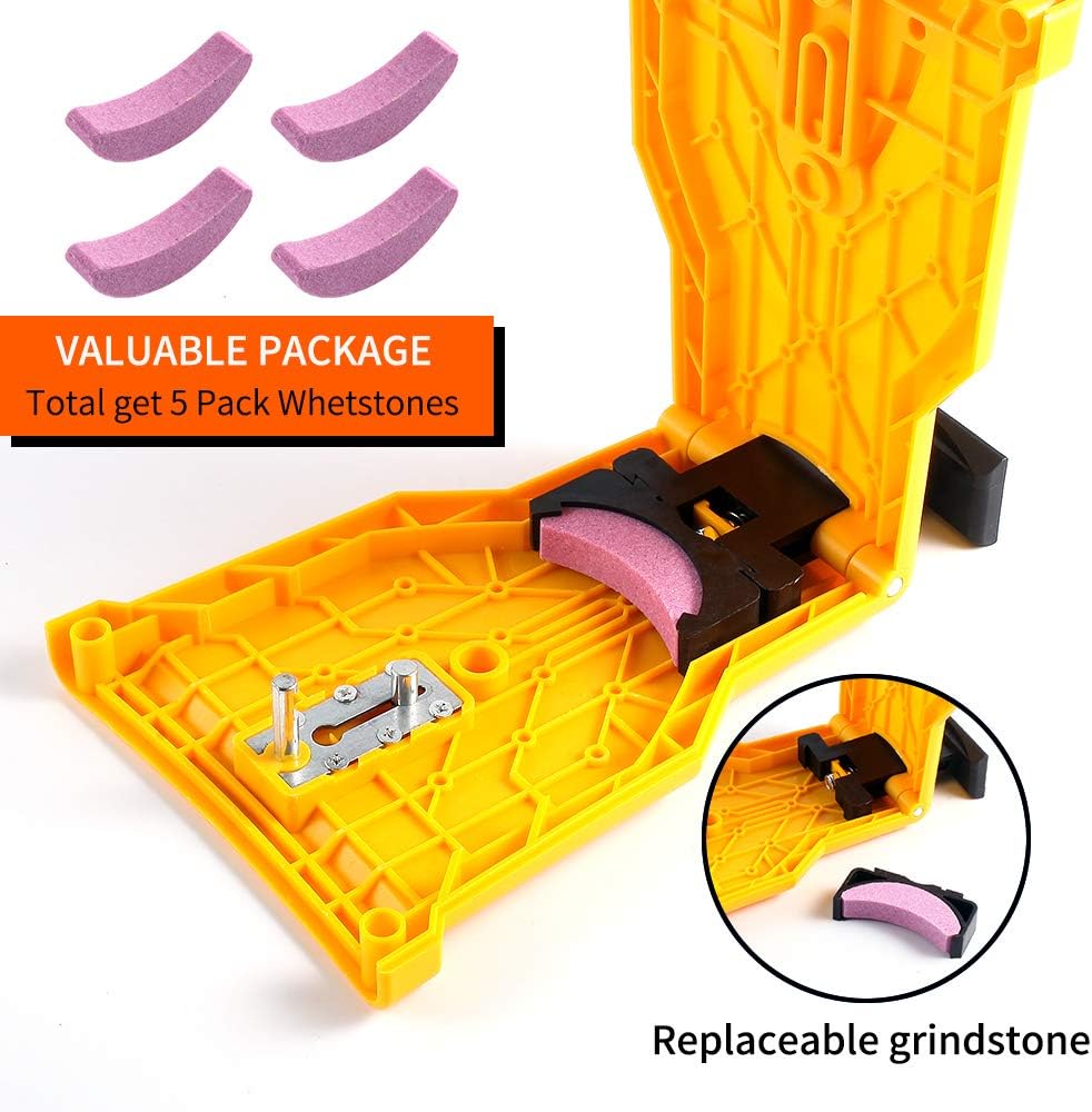 AULASISY Chainsaw Sharpener Universal Chain Saw Blade Teeth Sharpener Fast Sharpening Stone Grinder Tools Bar Mounted with Total 5 Whetston, Fit 14 16 18 20 Inches Two Holes Chain Saw Bar (Yellow): Garden & Outdoor