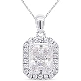 AFFY Dainty Emerald Cut Cubic Zirconia Halo Pendant Necklace in 925 Sterling Silver