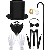 kaiolbly 8 Pcs Halloween Abe Cosplay Accessories Gentlemen Costume 1920s Gatsby Men Accessories: Tall Hat, Fake Beard, Bow Tie, Scepter, Magnifying Glass, Necklace, Gloves