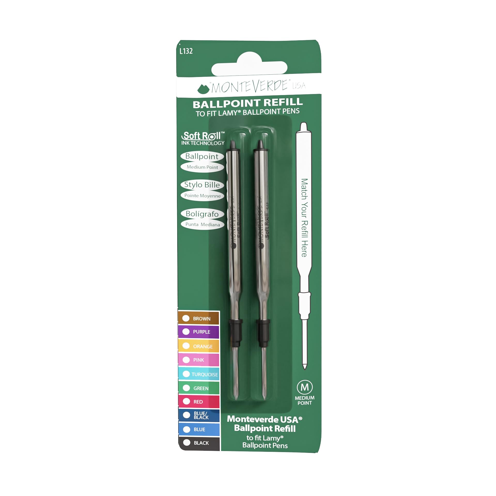 Monteverde Soft Roll Ballpoint Refill for Lamy Ballpoint Pens, Black, 2 Pack (L132BK)