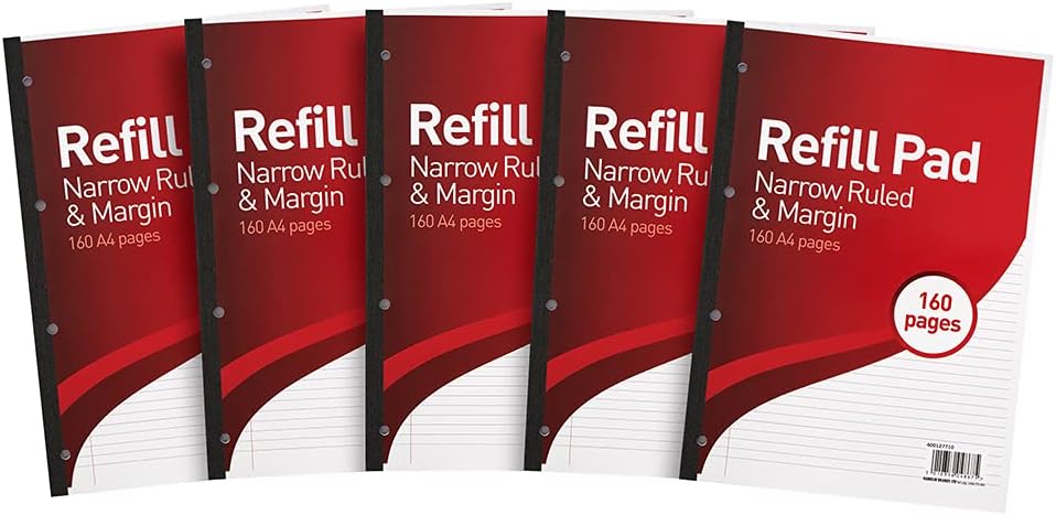 Summit A4 Lined Paper Refill Pad 6 mm Narrow Ruled Margin 160 Pages Pack of 5