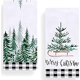 Secarond Buffalo Plaid Merry Christmas Trees Kitchen Towels Dish Towels, 18 x 28 Inch Seasonal Winter Xmas Tree on Sled Decoration Tea Towels for Cooking Baking Set of 2