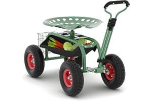 Green Rolling Garden Stool with Seat – 360° Swivel Gardening Stool with Tool Tray, All-Terrain Wheels & Adjustable Height for