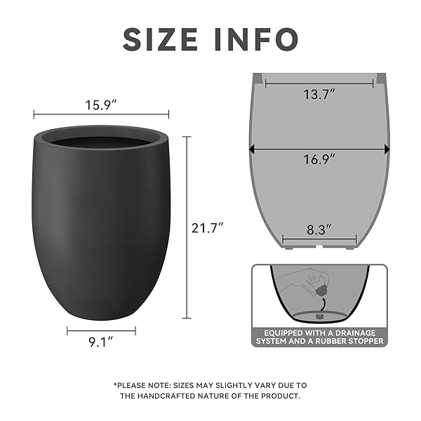 KANTE 21.7″ H BURNISHED BLACK TALL PLANTER, LARGE OUTDOOR INDOOR DECORATIVE POT WITH DRAINAGE HOLE AND RUBBER PLUG, MODERN ROUND TAPER STYLE FOR HOME AND PATIO