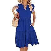 Womens Casual Dress Ruffle Sleeve V Neck Midi Dresses Fit Flowy Tiered Boho Beach Vacation Sundress