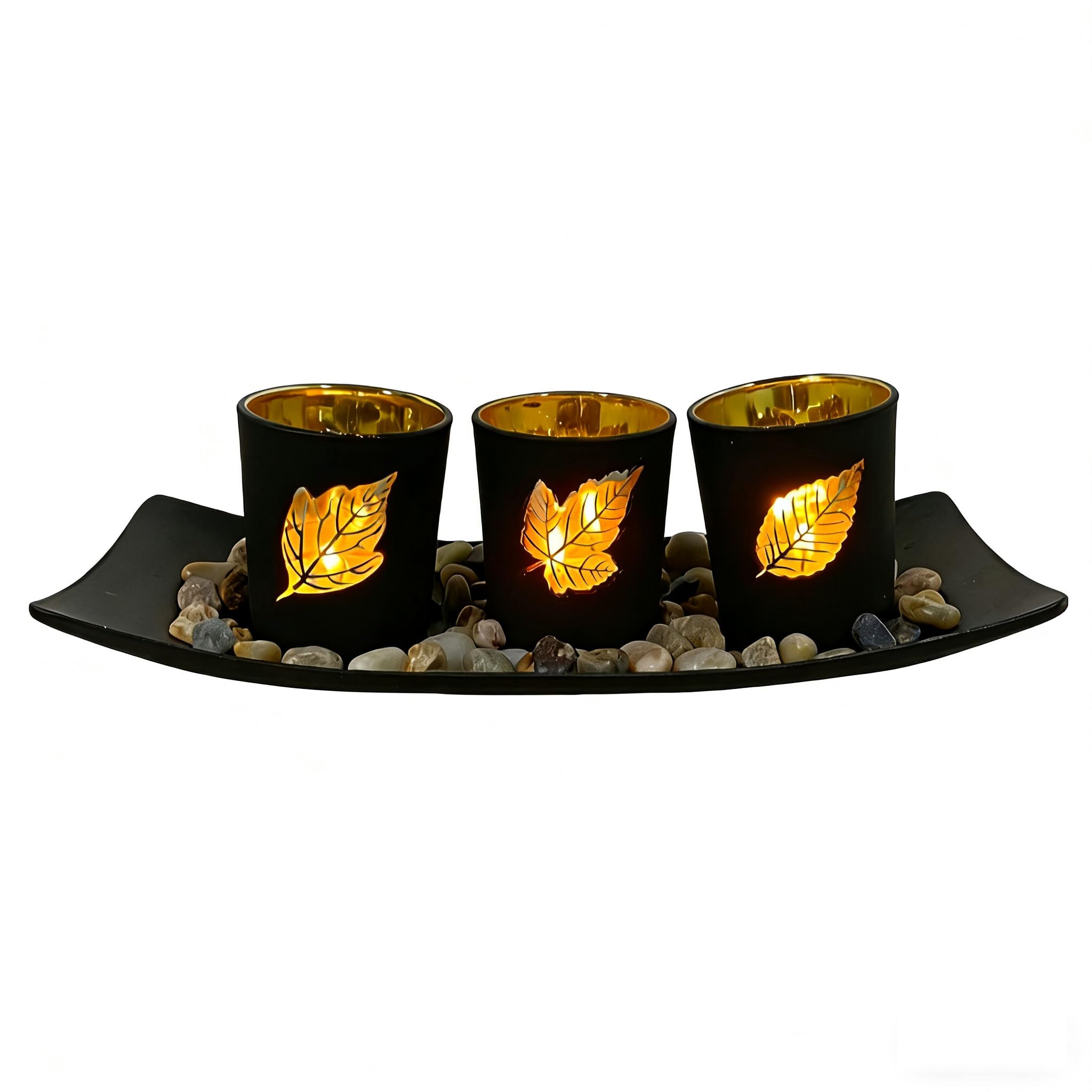 Hosoncovy Tea Light Candle Holder Set of 3 ，Leaf Glass Tealight Candle Cups with Tray and Decorative Pebbles for Weddings, Party and Home Decor