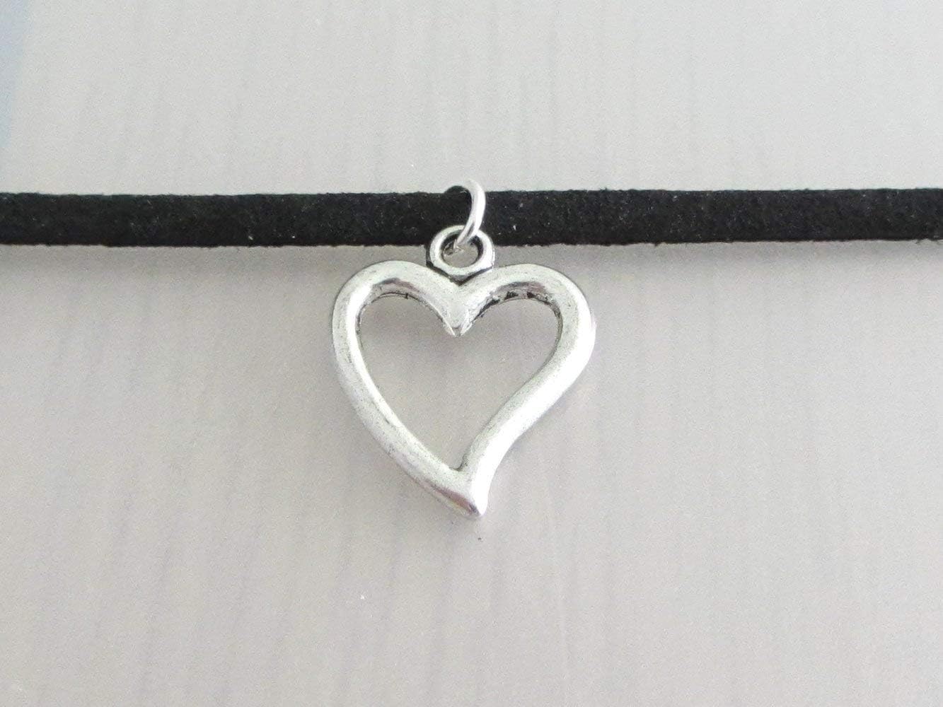 Hollow Heart Charm Black Faux Suede Choker Necklace