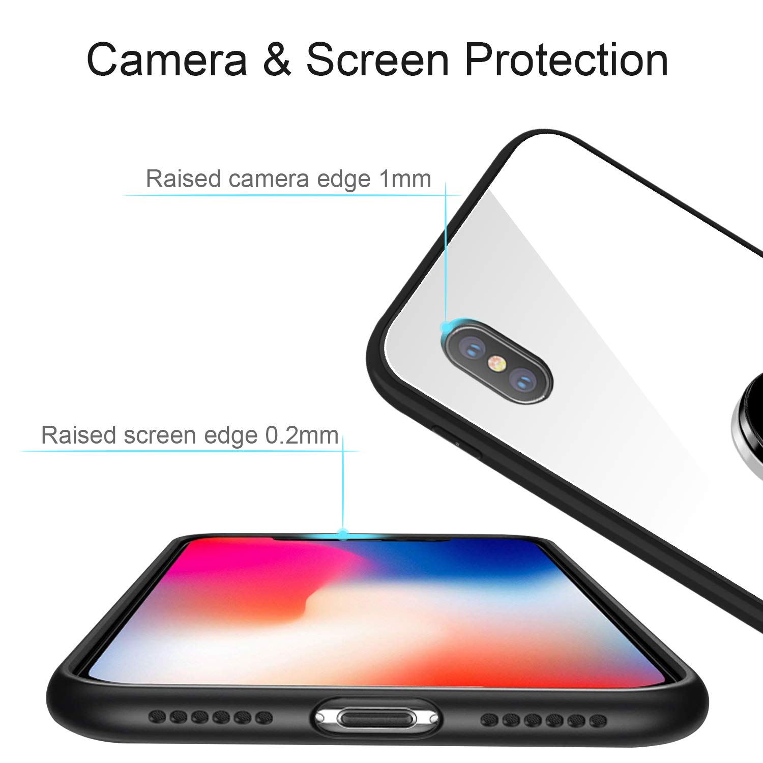 Cover iPhone X, Caso iPhone X con cover posteriore in vetro temperato Protezione Anti-Graffio con supporto per anello, Custodia protettiva per smartphone con telaio antiurto in TPU per Apple iPhone 10 (Bianco)