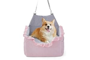 Jaoul Dog Booster Car Seat for Small/Medium Dogs - Memory Foam Elevated Cushion Car Seat - Fully Detachable and Washable Pet Portable Car Seat with 2 Clip-On Safety Leashes(Pink,6" H,Lace Trim)