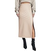 Ezcosplay Women High Waisted Faux Leather Side Slit Skirt PU Leather Bodycon Split Thigh Long Skirt