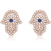 Luckily Hamsa Evil Eye Earrings Rose Gold Plated Dainty Hypoallergenic Stud Earrings for Sensitive Ears Minimalist Protection Jewelry for Women