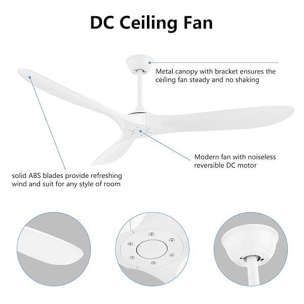 YJFAN 60 INCH INDOOR/OUTDOOR CEILING FAN WITH REMOTE CONTROL,MODERN WHITE CEILING FAN WITH REVERSIBLE QUIET DC MOTOR,3 ABS BLADES FOR LIVING ROOM,BEDROOM,PATIOS,FARMHOUSE