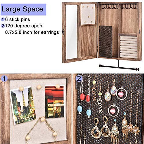 Keebofly Wall Mounted Jewelry Organizer With Rustic Wood Large Space Jewelry Cabinet Holder for Necklaces, Earrings, Bracelets, Ring Holder, and Accessories (Carbonized Black )