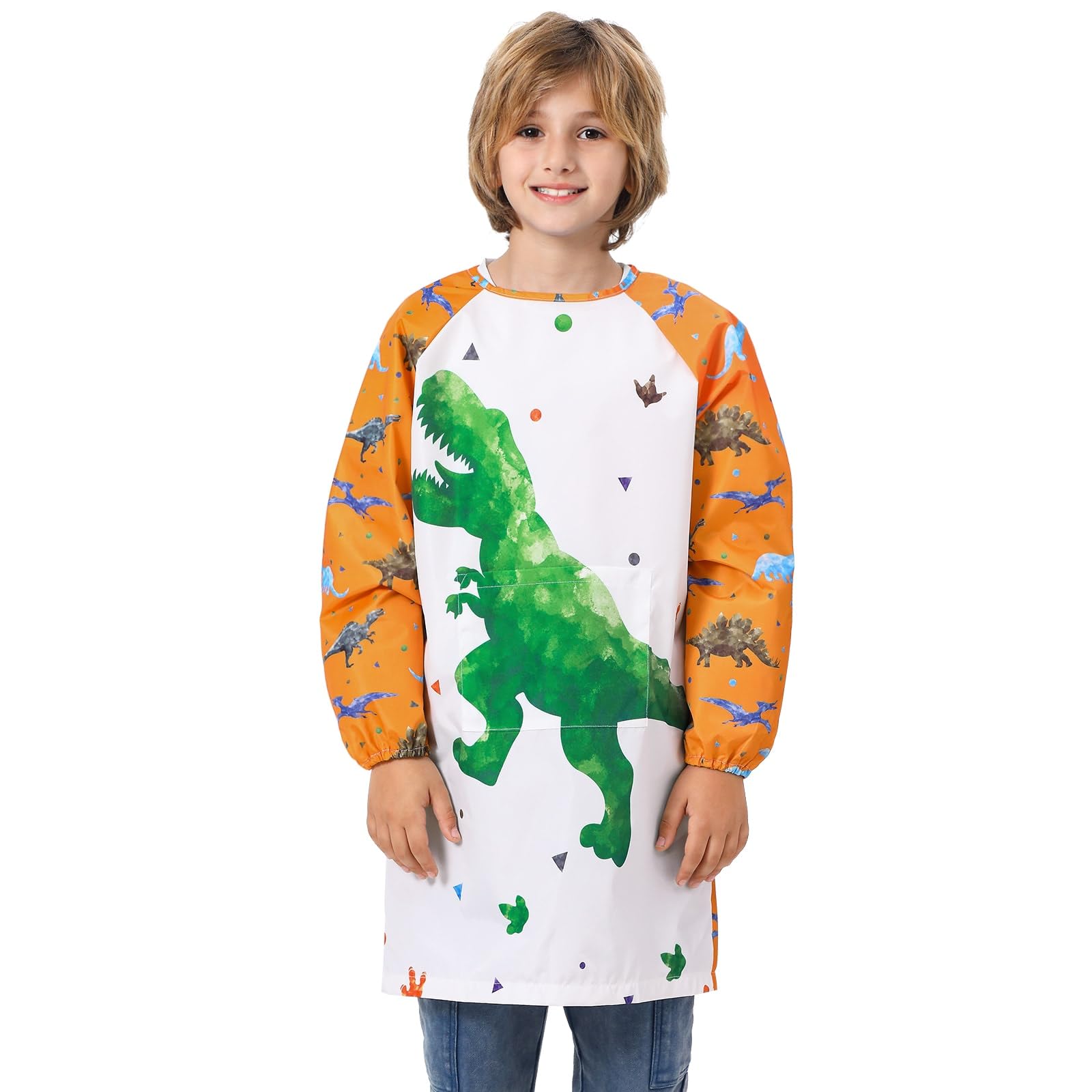 WERNNSAI Kids Art Smock - Dinosaur Toddler Artist Painting Apron Waterproof With Long Sleeve and Pocket for Ages 4-7 8-12 Years Girls Boys