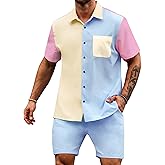 LecGee Men Summer Casual Short Sets Contrast Short Sleeve Button Down Shirt and Shorts Set 2 Piece Outfits Tracksuit