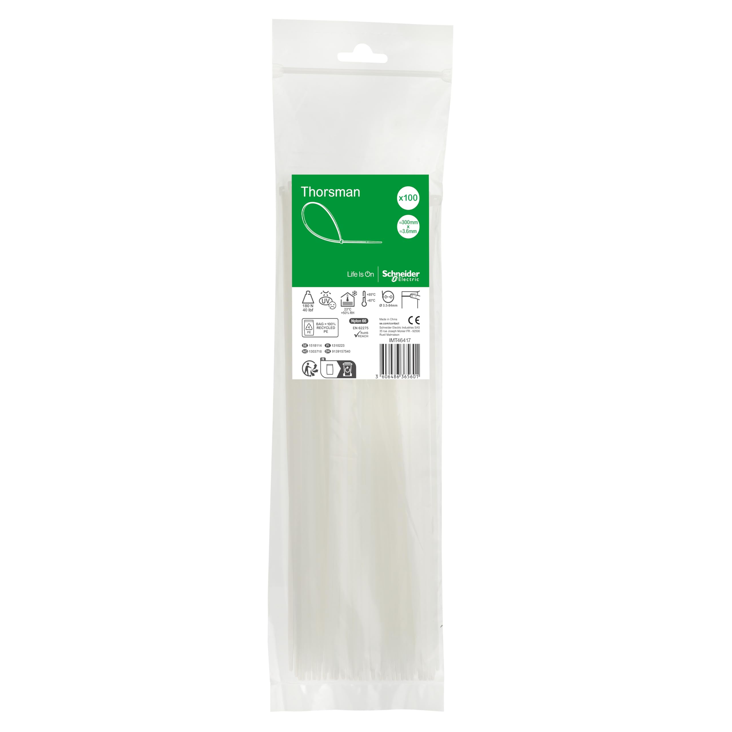 Schneider Electric Thorsman Cable Ties, Pack of 100, Made of Polyamide, 300 x 3.6 mm, Clear Colour, Various Sizes, Smooth Rounded Edges, Super Durable, Self-Locking Cable Ties for Cable Management
