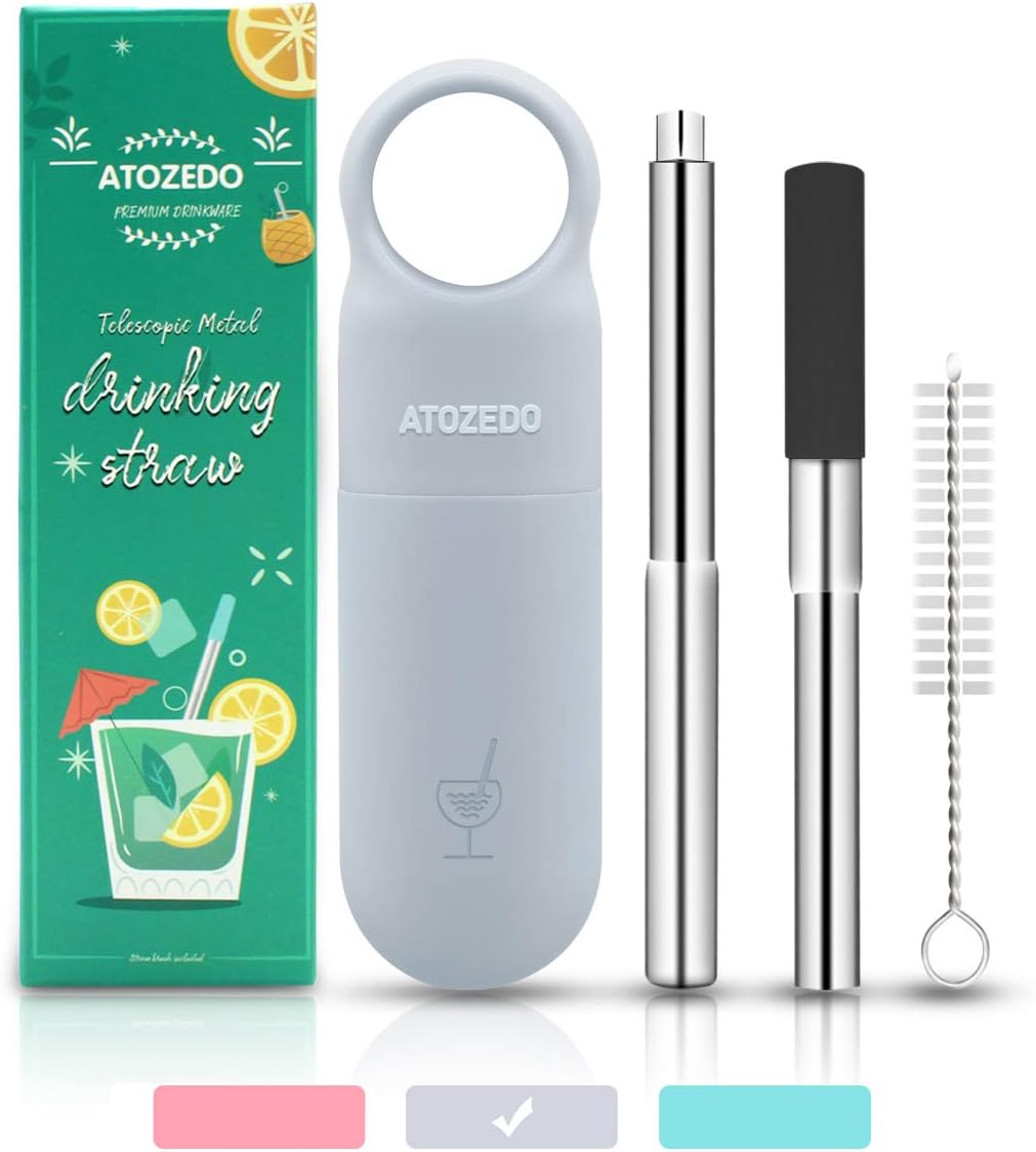PORMIDO Exclusive Collapsible Metal Straws with Case for Drinks,Telescopic Reusable Stainless Steel Straws with Chewable Silicone Tip Clean Brush ATOZEDO Steel Straw for 20oz 30oz Tumbler Yeti-Gray