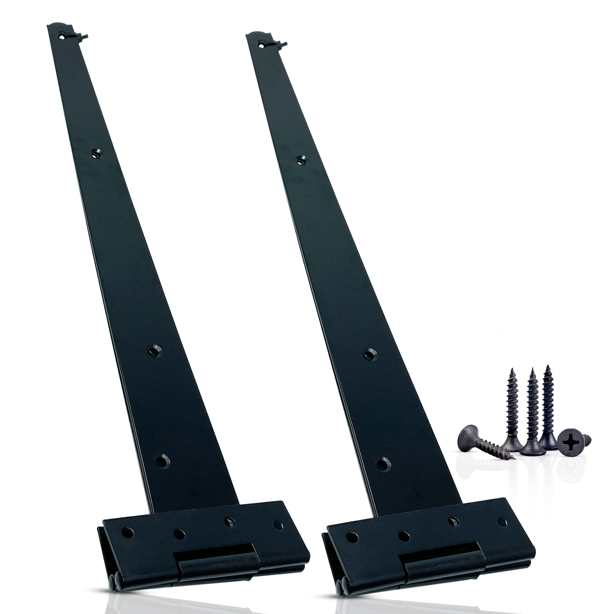 Garden Gate Hinges for Wooden Shed- 18 Inch 2Pcs Weather & Rustproof Powder Coating Metal Tee Strap Black Door Hinges for Garden Shed, Window, Fence, and Barn Gates