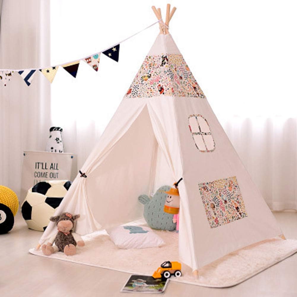 QIUDAN Kids Teepee Play Tent Indian Children Wigwam Tipi Play House - Cotton Canvas Portable Princess Girls Tent for children under 14 years old Indoor and Outdoor 120x120x156cm-C