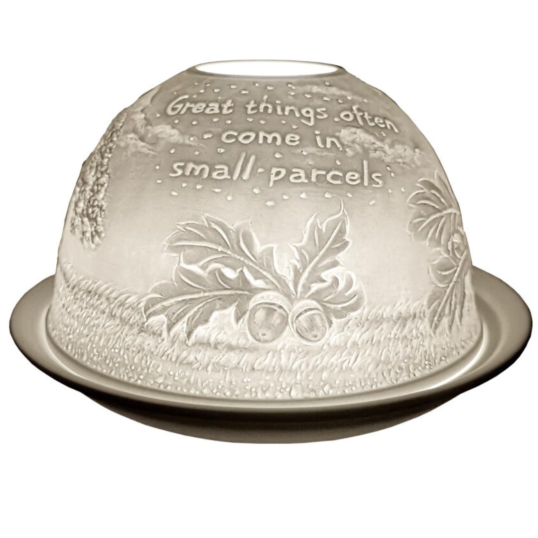 Cello Porcelain Tealight Holder Dome – Acorn ‘Great Things’ Design with 3D Projection with Message for Scented Unscented Tealights LED Sentimental Gifts Autumn Candle Holders Lights Wax Warmer Present