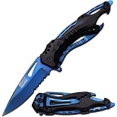 MTECH USA Folding Knife, 3.75-Inch Half-Serrated Blade, Titanium Coating, Glass Breaker, Pocket Clip