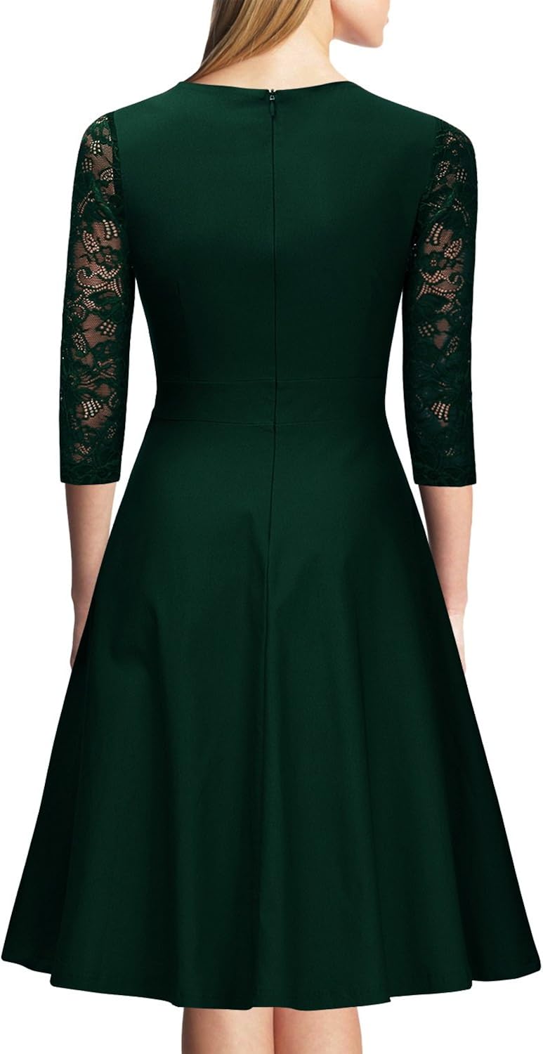 Miusol Women's Vintage Square Neck Floral Lace 2/3 Sleeve Cocktail Swing Dress: Clothing
