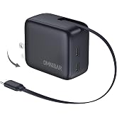 Omnibar USB C Retractable Wall Charger, 67W Max GaN Fast Charging Block | 2 USB-C Ports, 2.3FT Retractable Cable, PD Fast Charging, for iPhone 18 Pro Max/17/16/15, Galaxy S26/S25/S24, iPad &amp; MacBook