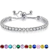 Sfoni Birthstone Bracelet for Women, Silver Sparkly Tennis Bracelet with Cubic Zirconia Adjustable Slider Bracelets Birthday Anniversary Graduation Valentine's Day Mother's Day Gifts for Her Him