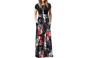 WEINEXRA Women's Short Sleeve Maxi Dresses Floral Printed Loose Plain Long Dress Empire Waist Beach Sun Dresses with Pockets