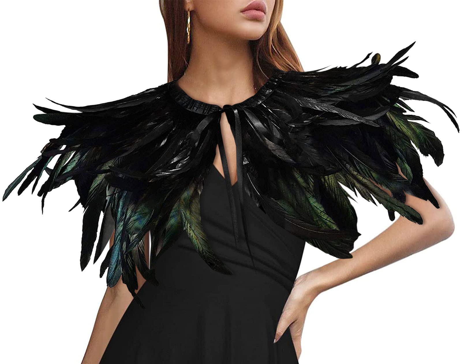 sigando Gothic Crow Costume Natural Feather Cape Shawl with Maleficent Choker Collar