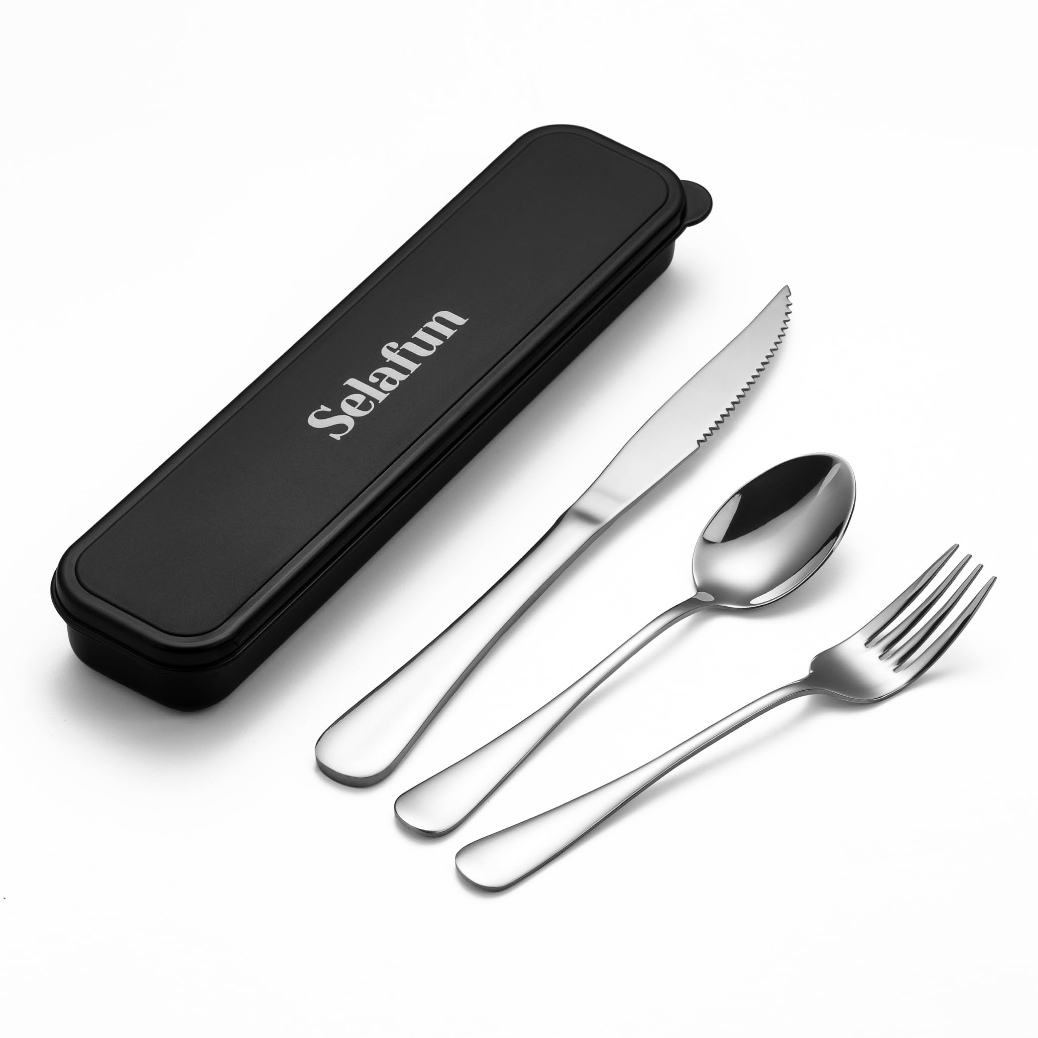 Photo 1 of Selafun 4-pieces Travel Set with Case Portable Silverware Utensils Set for work, Stainless Steel Reusable Flatware Set Cutlery Set for Camping Picnic Hiking Office (6.7inch, Silver)